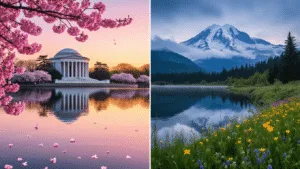 "Panoramic split image of Washington DC's Tidal Basin with blooming cherry blossoms and Jefferson Memorial at sunrise on the left, and Washington State's Mount Rainier landscape with evergreens and wildflowers on the right, unified by floating cherry blossom petals."