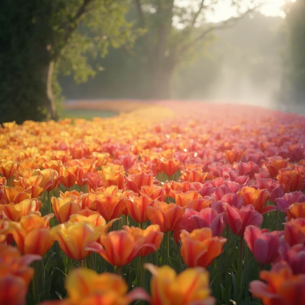 Close-up of colorful tulip garden in rainbow colors at Descanso Gardens in soft morning light