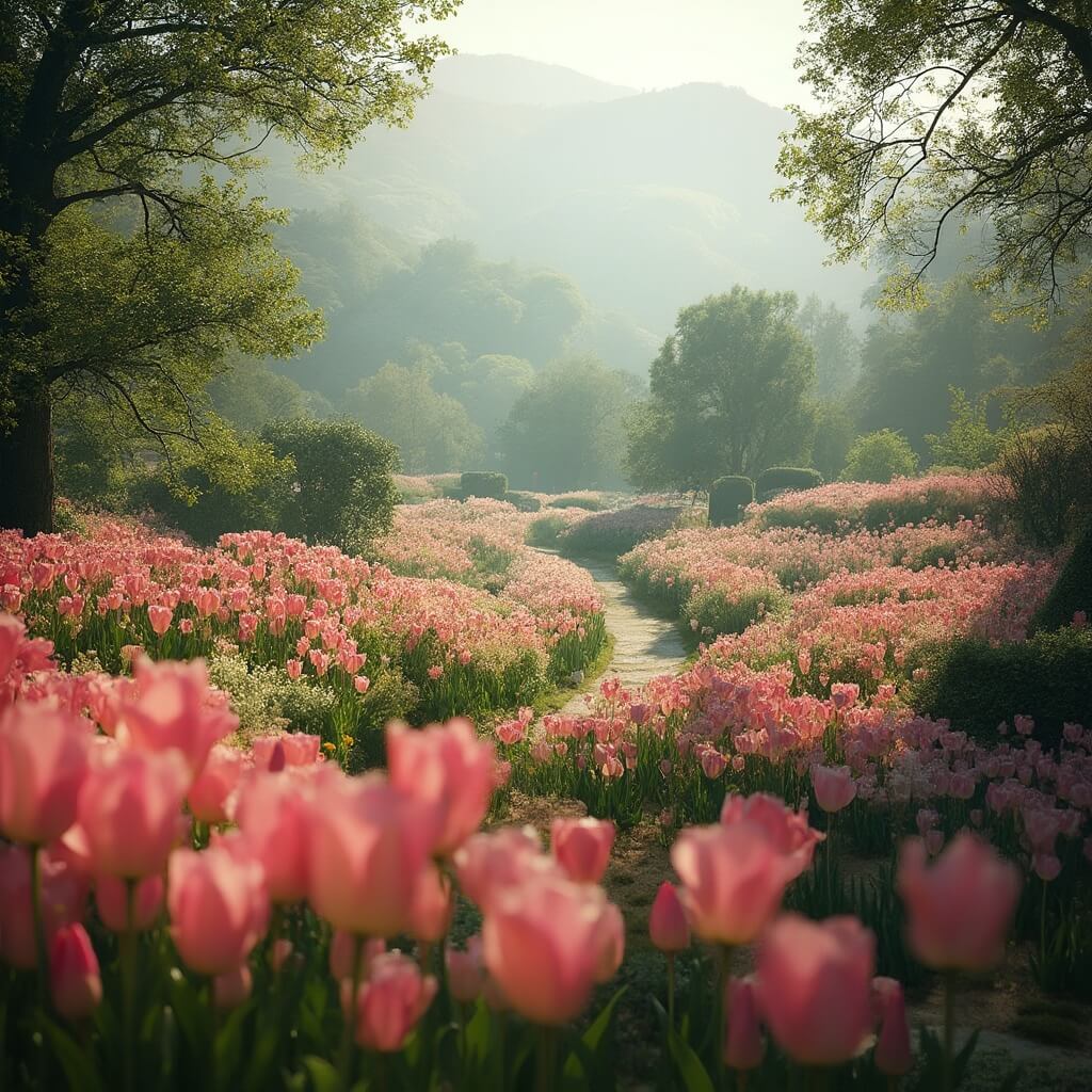 Descanso Gardens landscape with 35,000 blooming tulips in soft pastel colors, misty morning light filtered through trees over manicured pathways and rolling green hills, distant mountain silhouette in a peaceful botanical garden scene