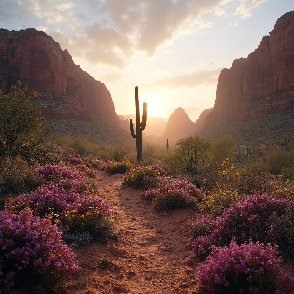 Dramatic desert hiking trail at sunrise with blooming wildflowers against red rock formations, morning mist, and a lone saguaro cactus against a pastel sky