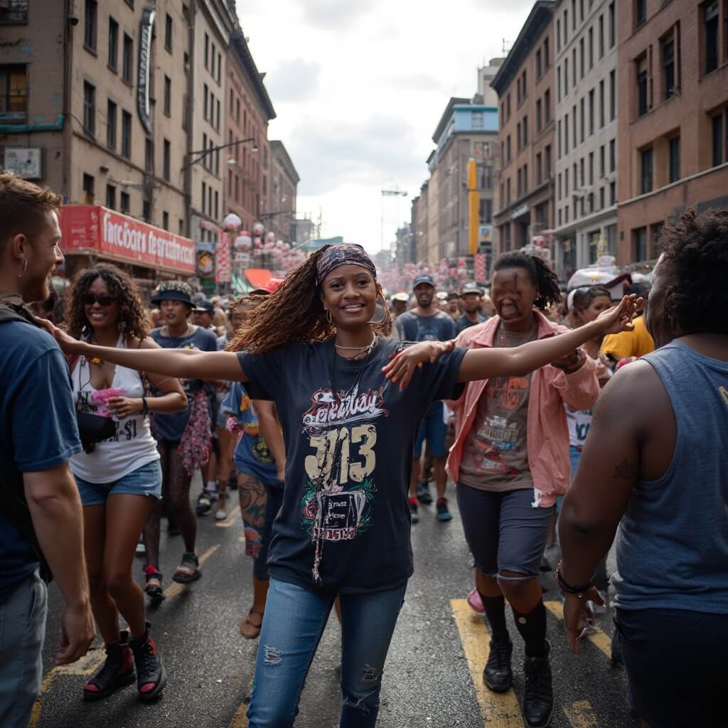 Diverse crowd celebrating 313 Day in Detroit, wearing local merchandise, dancing and cheering on a city street with historic buildings, under a slightly overcast sky with glimpses of sunshine