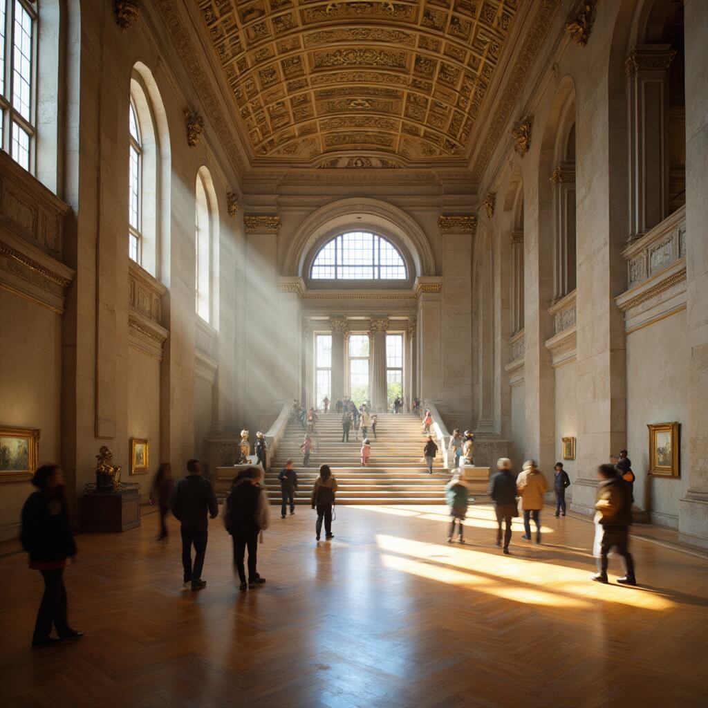 Detroit Institute of Arts' main hall with vaulted ceilings, grand marble staircase, tall windows allowing natural light, visitors examining exhibits, and art pieces adorning the walls.