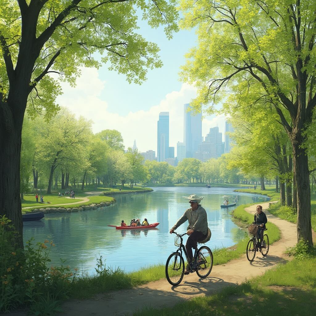 Early morning spring scene at Belle Isle Park, Detroit, with families biking, friends kayaking, people in light jackets, amidst lush green trees with soft sunlight, city skyline in the background