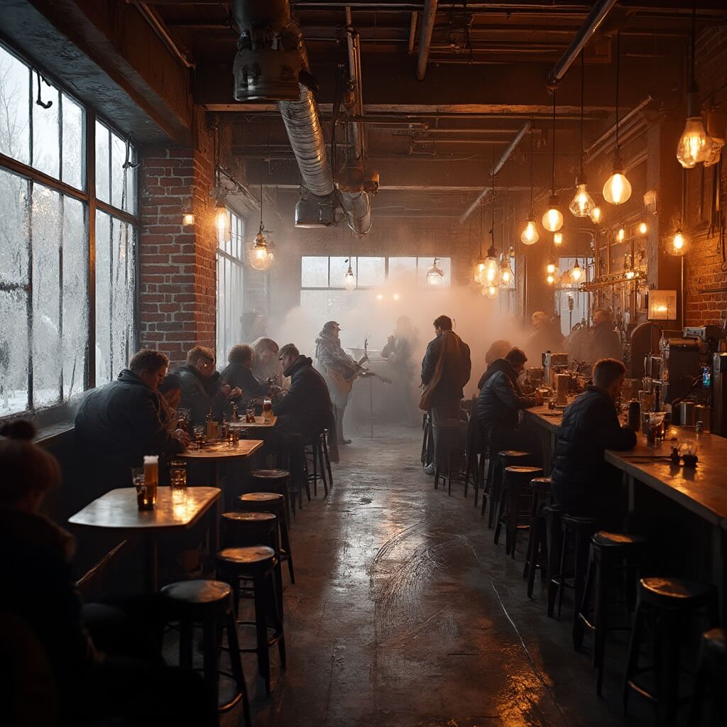 Cozy Detroit brewery taproom with amber lighting, exposed brick walls, wooden beams and tables, patrons enjoying craft beer, musicians setting up on stage, and snow falling outside frosted windows.