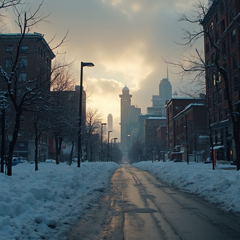 Detroit cityscape at dusk in early March with melting snow, golden light through gray clouds, industrial background, and mood of urban renewal