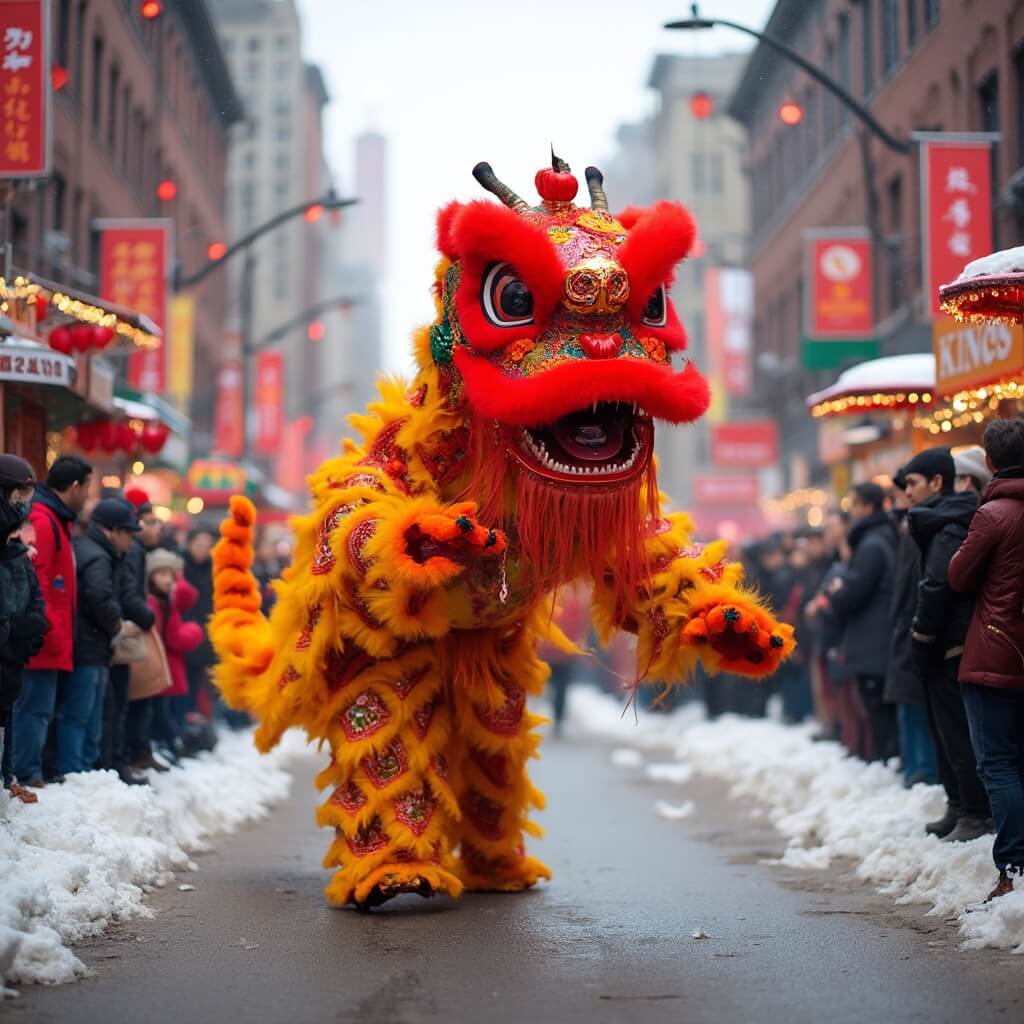 Diverse crowd at Detroit's Lunar New Year festival, watching colorful traditional lion dance with detailed red and gold dragon costume in action on snowy urban street, surrounded by festive decorations and food vendors.