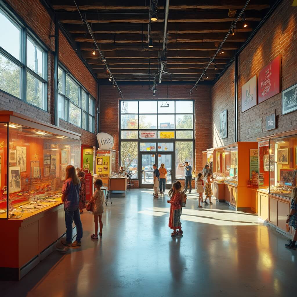 Families interacting with exhibits in a vibrant, brightly lit hall at the Detroit Historical Museum featuring a blend of historical artifacts and modern displays, with industrial-style architecture.