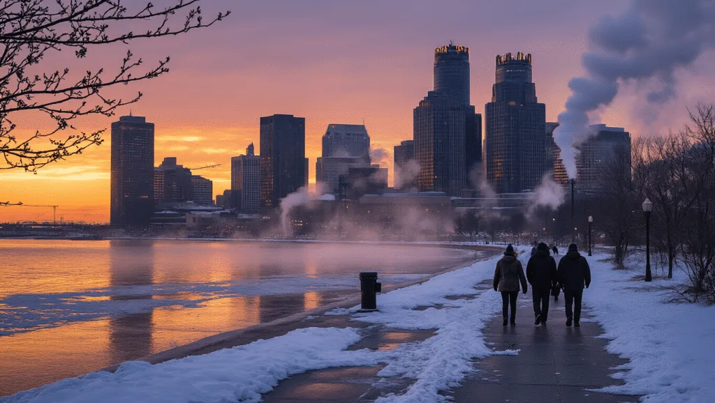 "Detroit cityscape at dusk in March with the Renaissance Center towers, melting snow patches, budding trees, people in winter gear, and steam rising from street vents against a golden hour sky."