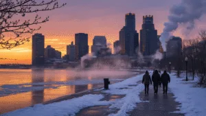 "Detroit cityscape at dusk in March with the Renaissance Center towers, melting snow patches, budding trees, people in winter gear, and steam rising from street vents against a golden hour sky."