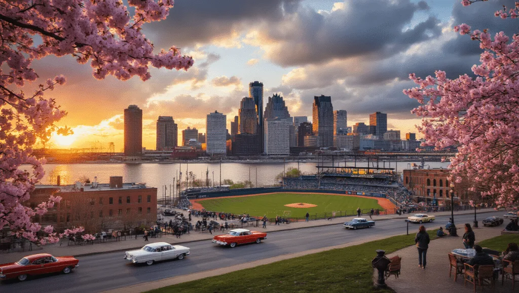 "Detroit skyline at sunset during spring, featuring the Renaissance Center, cherry blossoms, a Detroit Tigers game at Comerica Park, and activities along the riverfront with a warm and hopeful atmosphere."