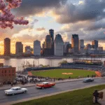 "Detroit skyline at sunset during spring, featuring the Renaissance Center, cherry blossoms, a Detroit Tigers game at Comerica Park, and activities along the riverfront with a warm and hopeful atmosphere."