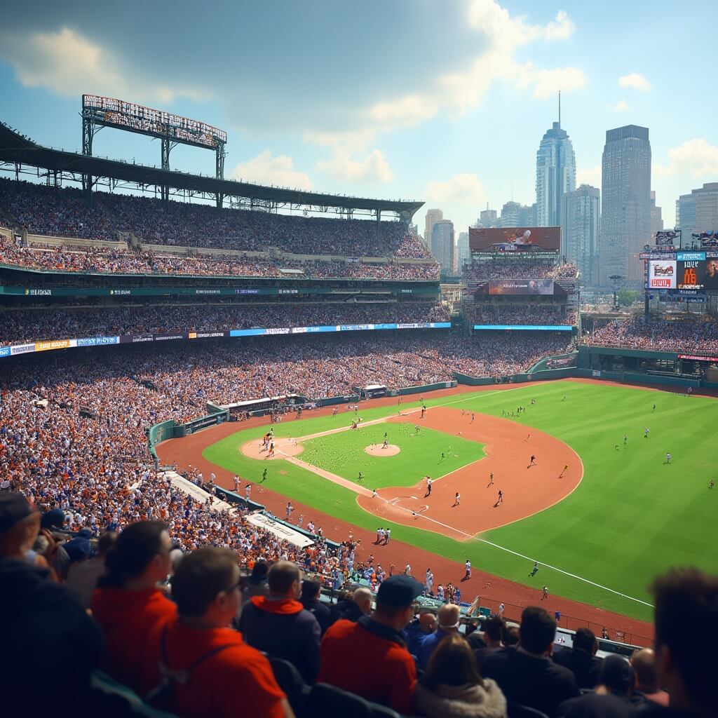 Detroit Tigers Baseball Stadium packed with excited fans in team colors during opening day, players on the field, confetti flying, bright spring sunlight illuminating the city skyline visible beyond stadium walls
