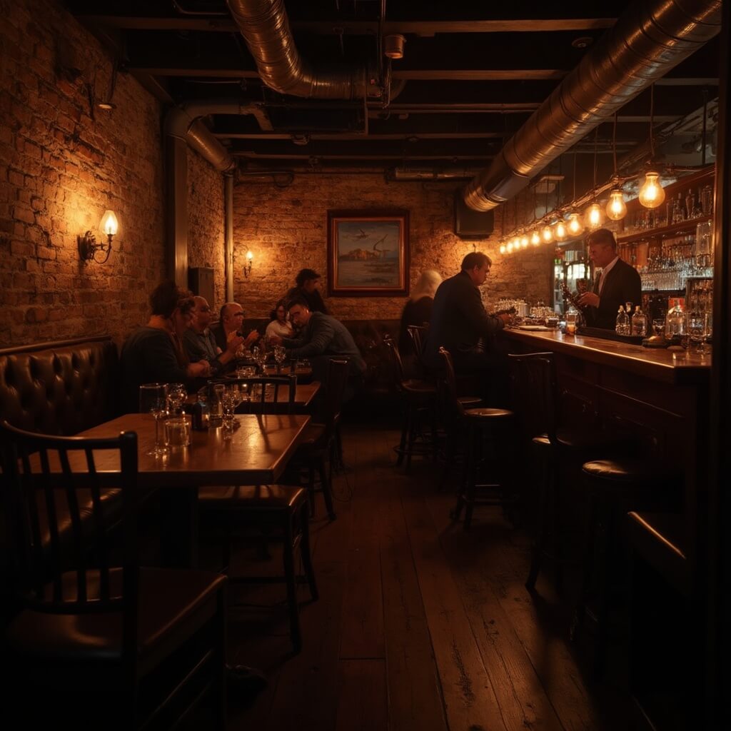 Nighttime jazz club basement in Detroit, with deep shadows, amber lighting, vintage leather booths, exposed brick walls, a wooden stage featuring a saxophone player, sparkling crystal glasses at an antique wooden bar, patrons sitting at intimate tables, industrial elements such as exposed pipes and Edison bulbs.