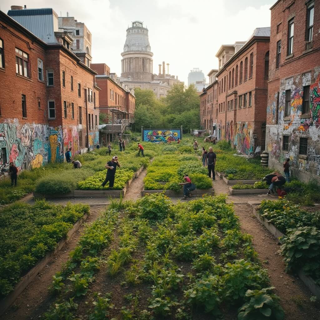 Volunteers tending to sustainable gardens in a vibrant urban farm in Detroit, with restored brick buildings, wall murals, solar panels on rooftops, and old industrial architecture in the background.