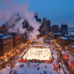 "Dramatic winter aerial view of downtown Detroit, featuring the glowing Campus Martius Park ice rink, Lunar New Year decorations at Detroit Riverfront, Black History Month banners, historic buildings adorned with fresh snow, and distant red glow of Little Caesars Arena."