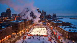 "Dramatic winter aerial view of downtown Detroit, featuring the glowing Campus Martius Park ice rink, Lunar New Year decorations at Detroit Riverfront, Black History Month banners, historic buildings adorned with fresh snow, and distant red glow of Little Caesars Arena."