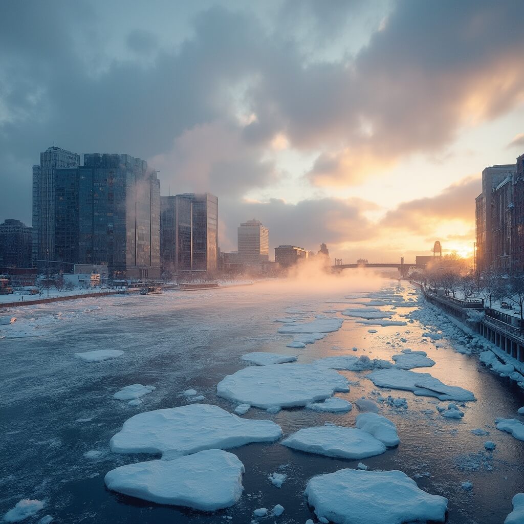 Detroit riverfront in winter at sunset, floating ice chunks on river, snow-covered city landscape, orange and blue hues in sky, city buildings in background, steam rising from urban surfaces