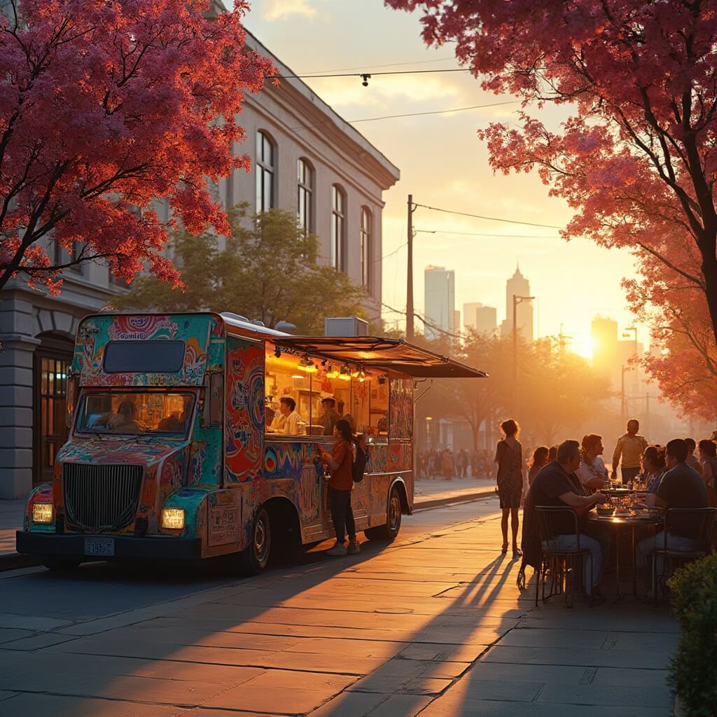 Vibrant Echo Park street scene with a colorful Korean-Mexican fusion food truck, blooming jacaranda trees, people at outdoor tables, and downtown LA skyline bathed in golden hour light, ultra detailed 4k quality