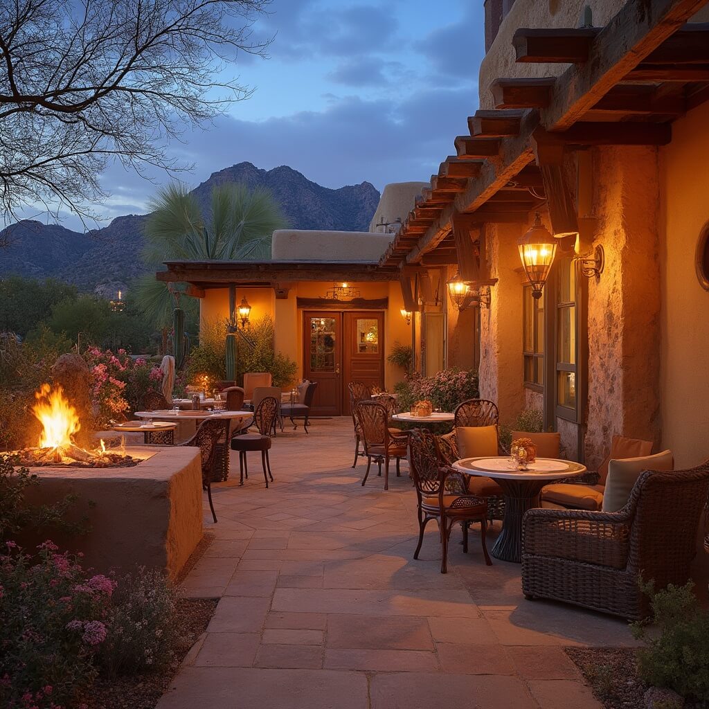 Outdoor patio dining scene at El Chorro restaurant with rustic architecture, desert landscaping, and panoramic views of Camelback Mountain during golden hour