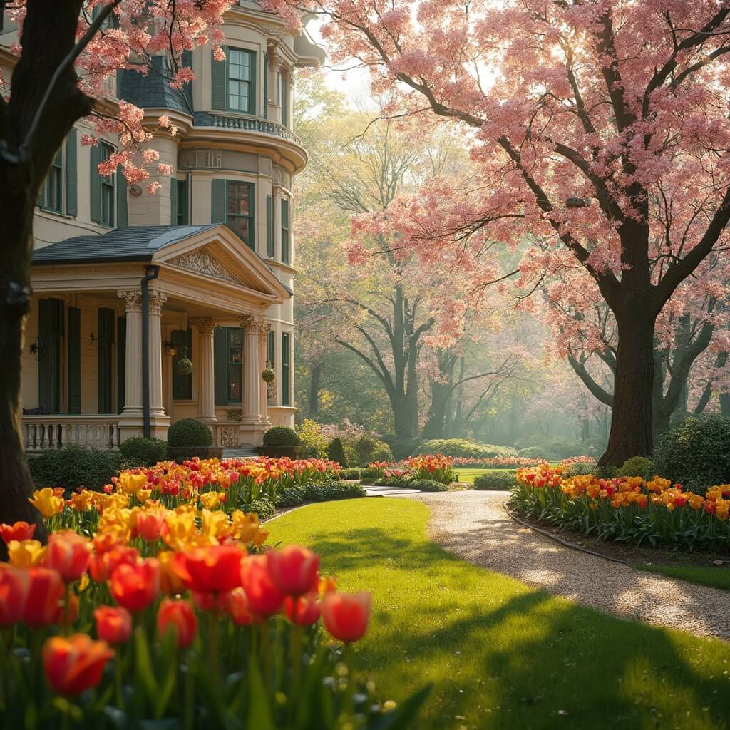 Elegant Hudson Valley mansion with Victorian architecture, spring blooms in manicured garden, dew-kissed red and yellow tulips, flowering cherry trees along gravel path, in golden hour lighting with soft bokeh effect