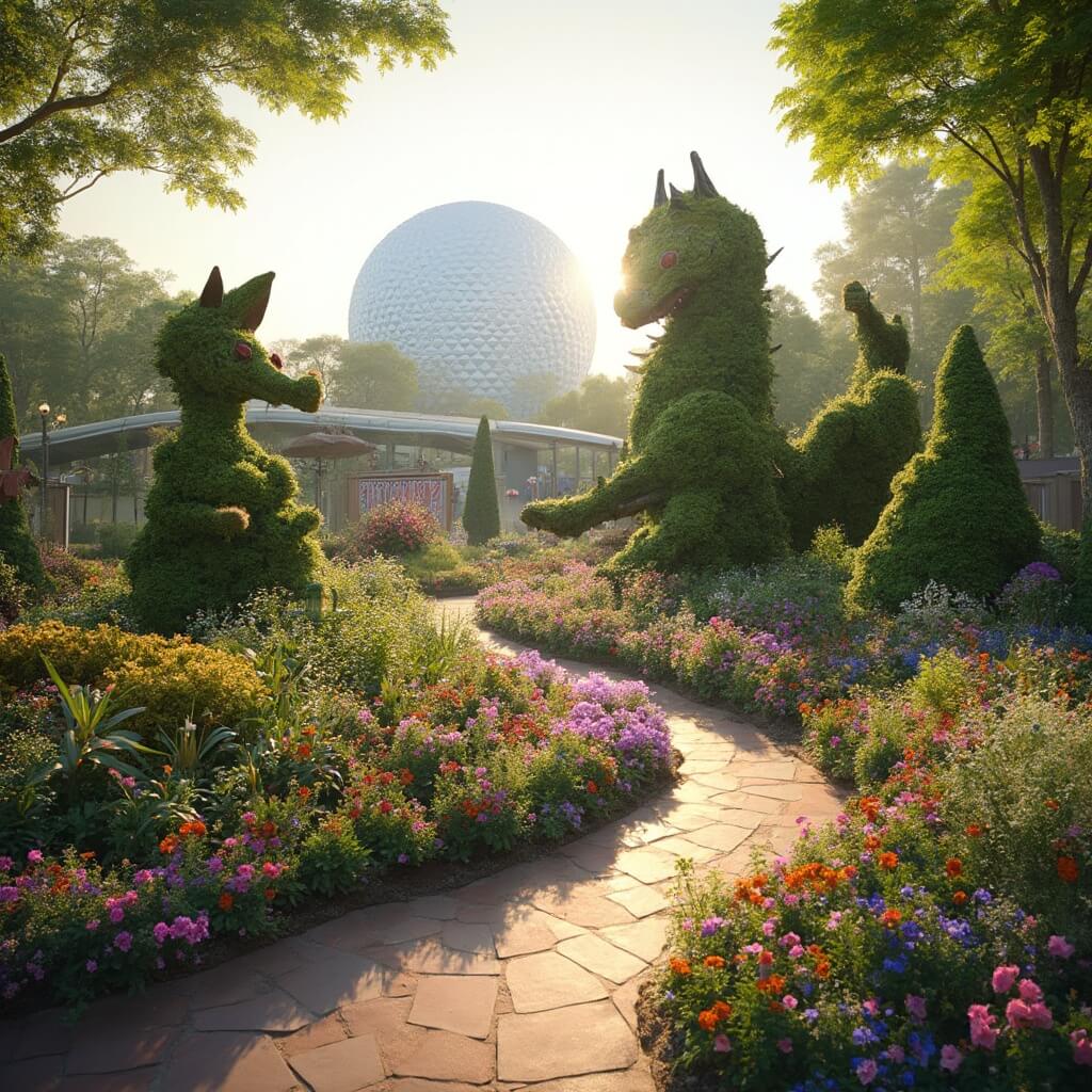 Panoramic view of Epcot's Flower & Garden Festival during golden hour, featuring vibrant flower arrangements, sculpted topiary characters, and intricate garden designs.