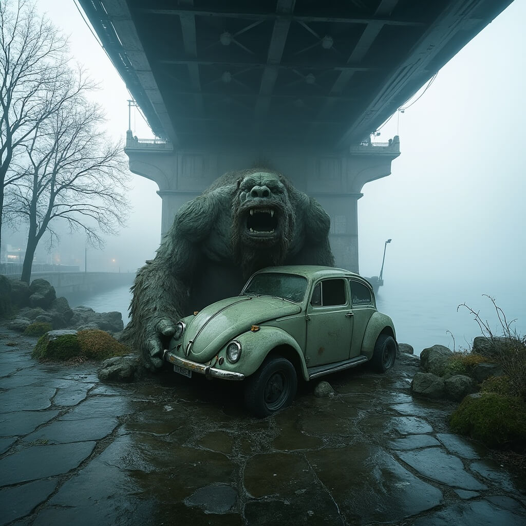 The Fremont Troll sculpture clutching a Volkswagen Beetle under the Aurora Bridge on a foggy afternoon, surrounded by wet cobblestones and moss, with the bridge's steel structure and bare winter trees in the background