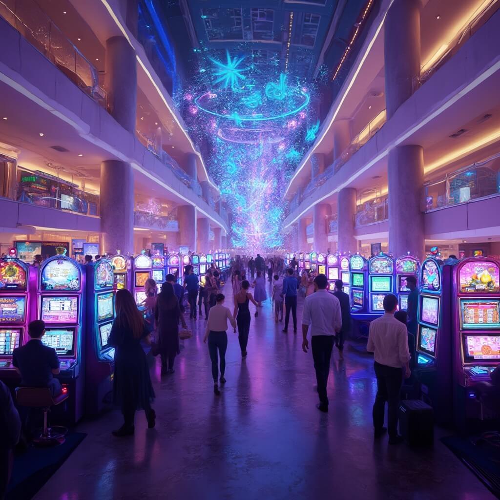 Modern casino interior with ambient LED lighting, digital slot machines, diverse crowd at gaming tables and holographic ads overhead