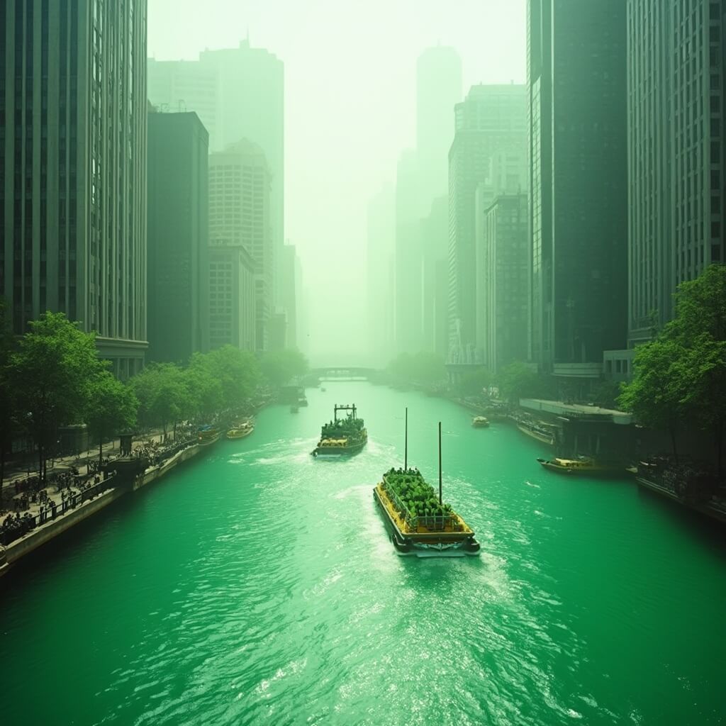 Early morning view of the emerald green Chicago River with city boats, skyscrapers in the background, and crowd wearing green on riverbanks, reflecting a magical urban ambiance