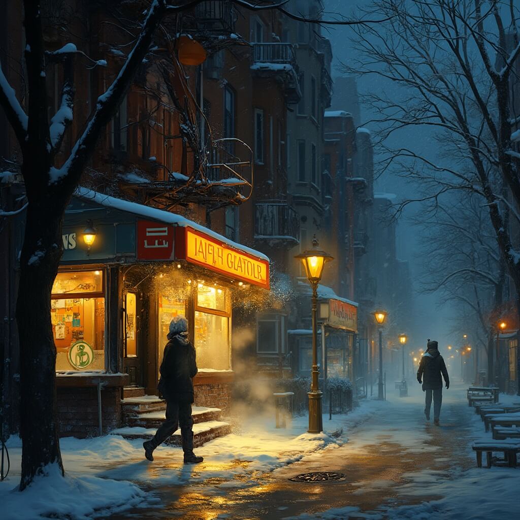 Winter night scene in Harlem with a snow-covered Ethiopian restaurant, pedestrians bundled in warm clothing, steam rising from subway grates and golden street lamps illuminating the wet sidewalks.