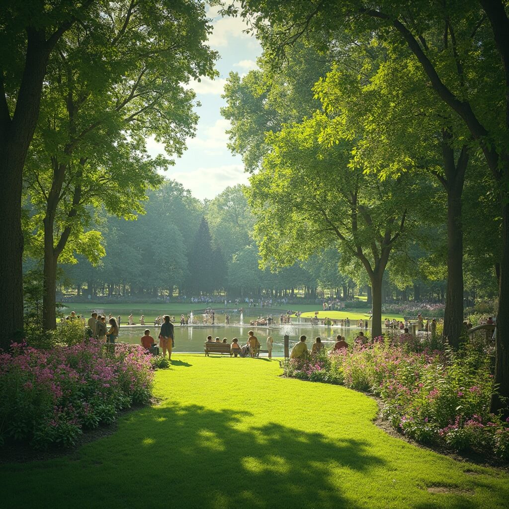 Houston in May: Your Ultimate Guide to a City Bursting with Life and Energy Families picnicking and enjoying a vibrant scene at Hermann Park, Houston, with lush green gardens, jazz musicians near a reflective pool, and afternoon sunlight through trees