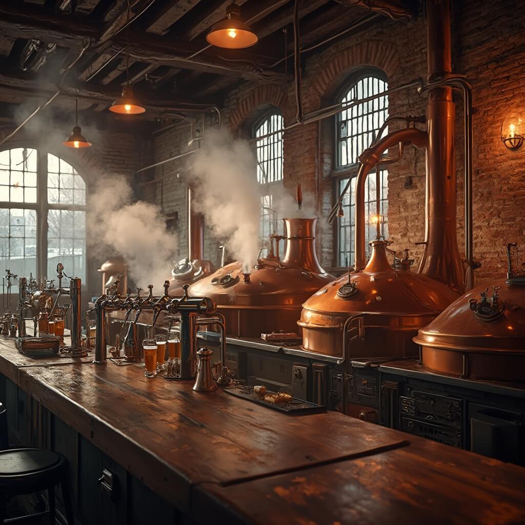 Historic Milwaukee brewery interior with exposed brick walls, wooden rafters, copper brewing tanks, artisanal beer taps at a wooden bar, and industrial brewing equipment in a warm amber light with snow falling outside the large windows