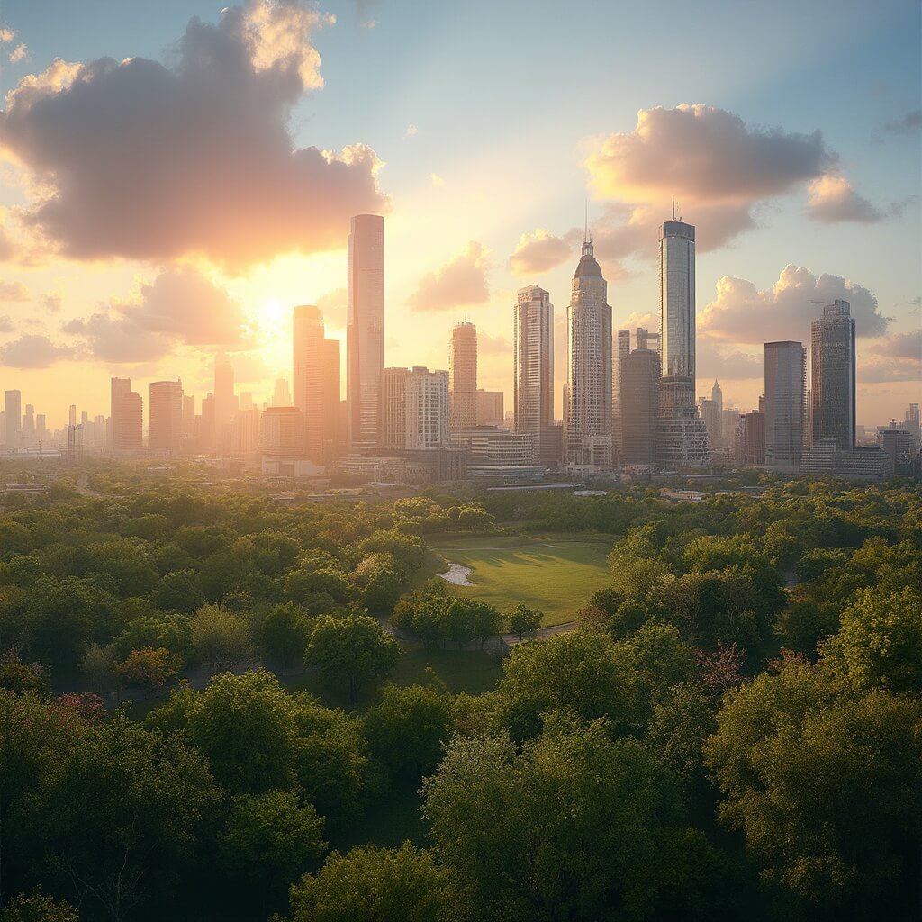 Houston cityscape during golden hour with green parks, modern skyscrapers, blooming trees, and dynamic sky