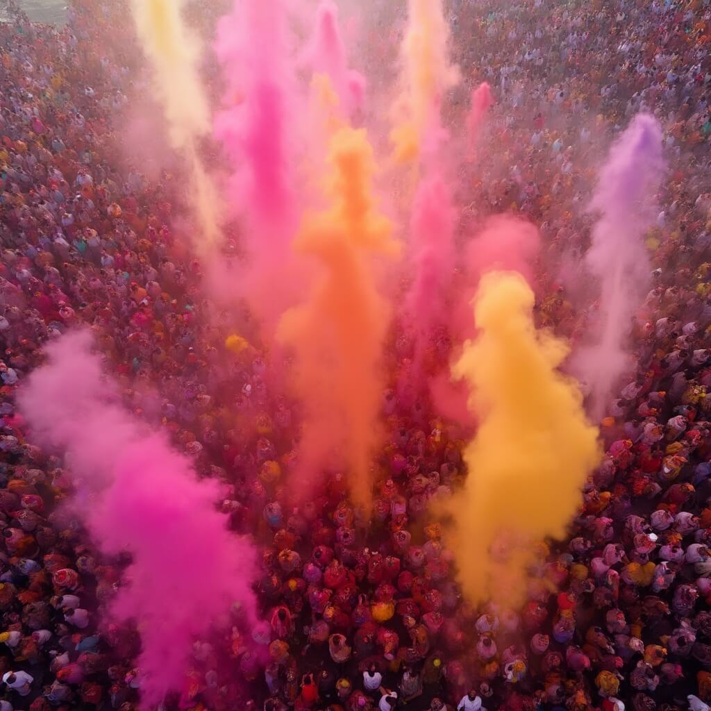 Overhead drone shot of Houston's Holi Festival with massive crowd throwing multicolored powder, dancing and celebrating under soft sunlight.