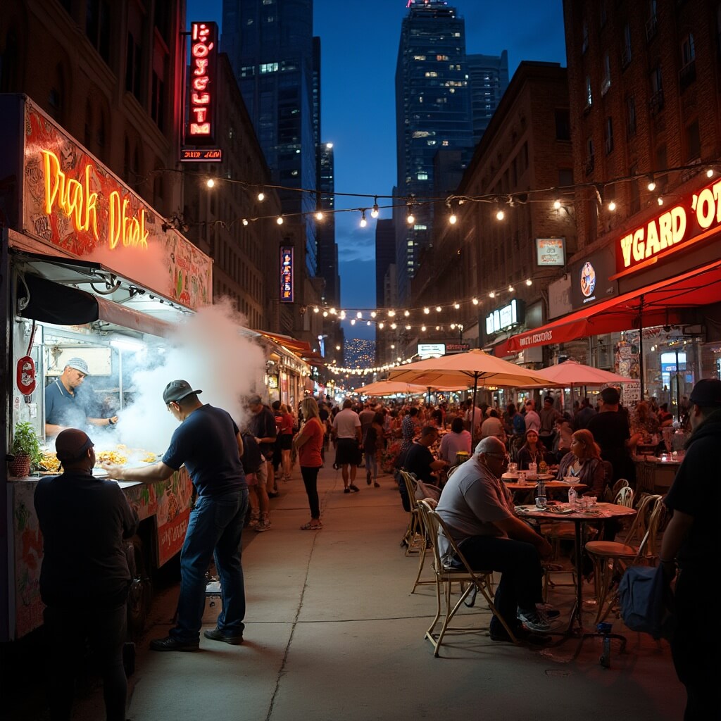 Nighttime street scene in downtown Houston featuring neon signs, skyscrapers, food trucks serving tacos, and diverse crowds under string lights.