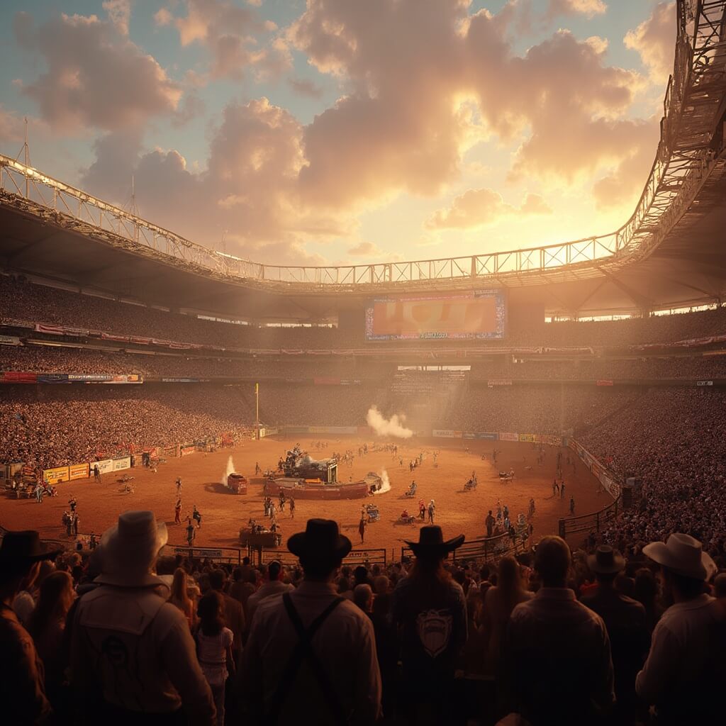 Crowd-filled Houston's NRG Stadium during rodeo season at sunset, featuring cowboys, festive atmosphere, and rodeo elements like chutes and arena