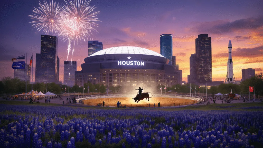 "Dramatic Houston cityscape at dusk featuring lit NRG Stadium, a silhouetted cowboy on a bull, skyscrapers reflecting sunset, blooming bluebonnets, fireworks, Space Center Houston rocket, and festival crowd."