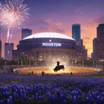 "Dramatic Houston cityscape at dusk featuring lit NRG Stadium, a silhouetted cowboy on a bull, skyscrapers reflecting sunset, blooming bluebonnets, fireworks, Space Center Houston rocket, and festival crowd."