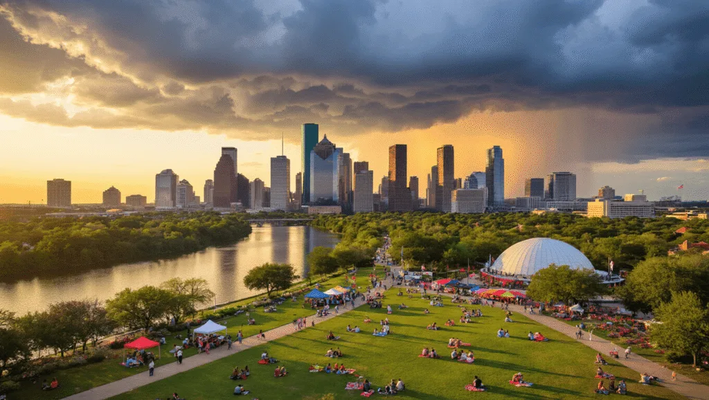 Houston in May: Your Ultimate Guide to a City Bursting with Life and Energy "Aerial view of downtown Houston at golden hour with skyline reflections in Buffalo Bayou, Hermann Park's colorful gardens, families picnicking, Memorial Day flags and Cinco de Mayo decorations, and a ballet performance at Miller Outdoor Theatre."
