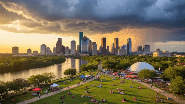 Houston in May: Your Ultimate Guide to a City Bursting with Life and Energy "Aerial view of downtown Houston at golden hour with skyline reflections in Buffalo Bayou, Hermann Park's colorful gardens, families picnicking, Memorial Day flags and Cinco de Mayo decorations, and a ballet performance at Miller Outdoor Theatre."