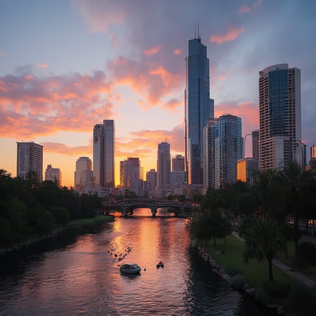 Houston in May: Your Ultimate Guide to a City Bursting with Life and Energy Houston downtown skyline at golden hour with reflection of sunset on skyscrapers, Buffalo Bayou's waterway with kayakers, artistic bridges, palm trees along waterfront parks, and streaky clouds in Texas sky.