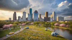 "Aerial view of Houston in springtime with colorful Art Car Parade, elephant sculptures in Hermann Park, blooming wildflowers in Discovery Green, and afternoon sun reflecting off skyscrapers and Buffalo Bayou with cherry blossoms and Minute Maid Park in the background."