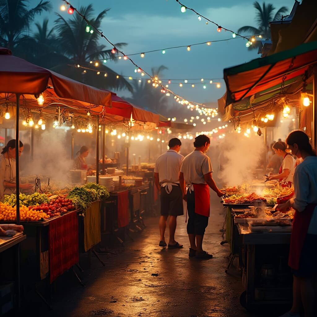 Chefs preparing international cuisine at vibrant outdoor food festival stalls, with string lights illuminating the dusk setting, smoke rising from grills, and crowd sampling dishes.