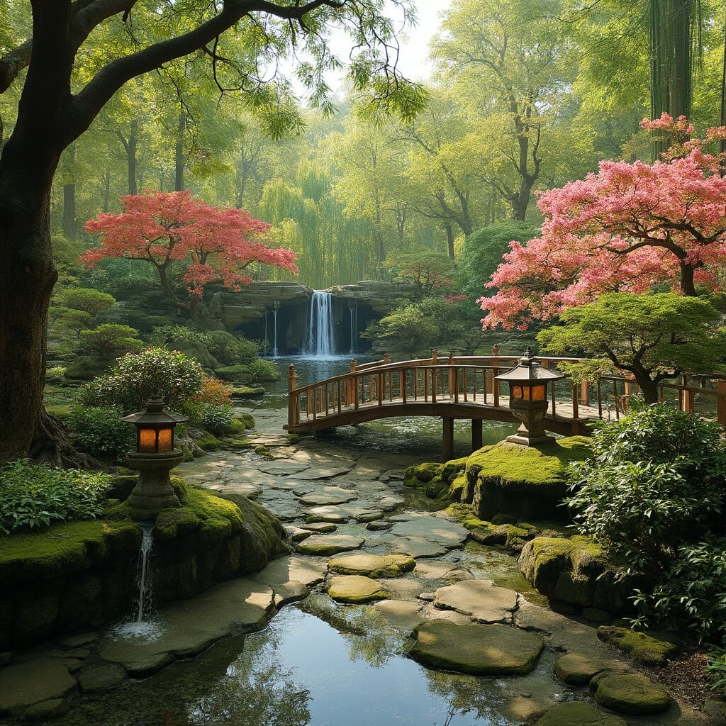 Houston in May: Your Ultimate Guide to a City Bursting with Life and Energy Japanese Garden in Hermann Park during spring with blooming azaleas and cherry blossoms, wooden bridges over koi ponds, bonsai trees, stone lanterns, morning light through maple trees, moss-covered stones and waterfall amidst ferns and bamboo