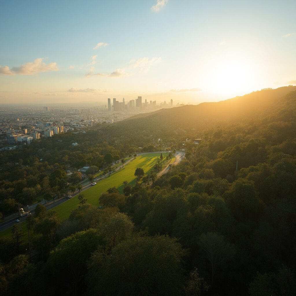 Aerial view of Griffith Park and Los Angeles skyline at golden hour, with sunlight filtering through palm trees