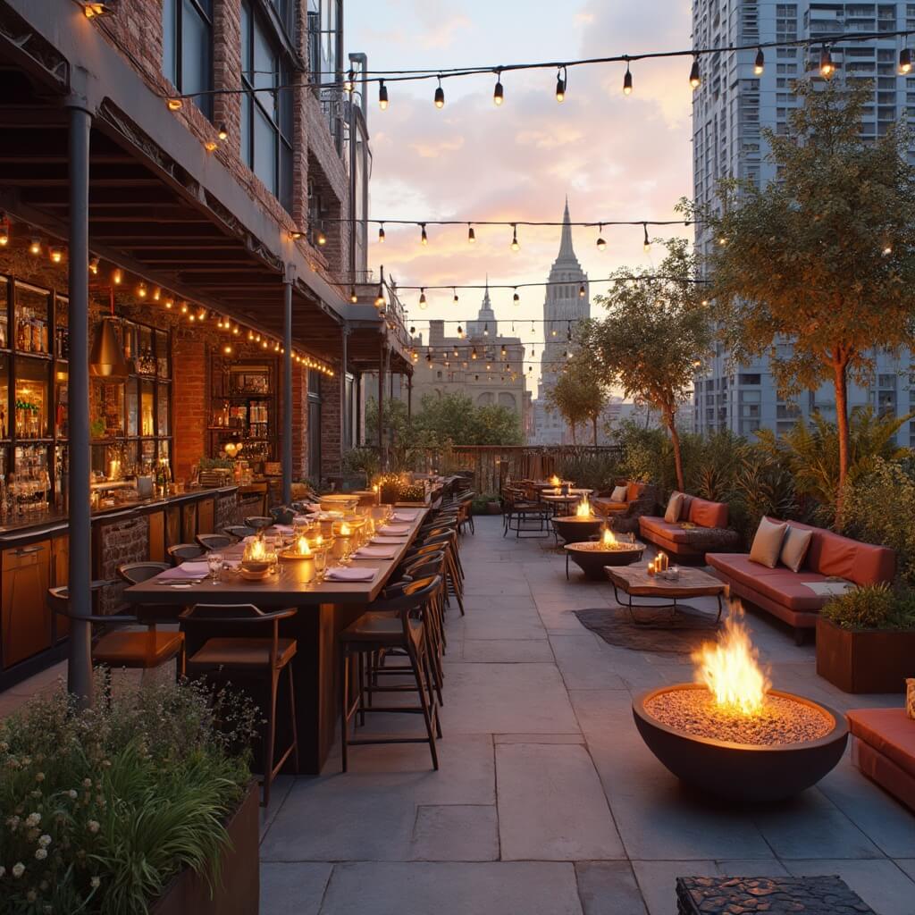 Rooftop restaurant in Downtown LA with industrial-chic design, outdoor bar, plating stations, succulent gardens, lounge seating and fire pits at golden hour