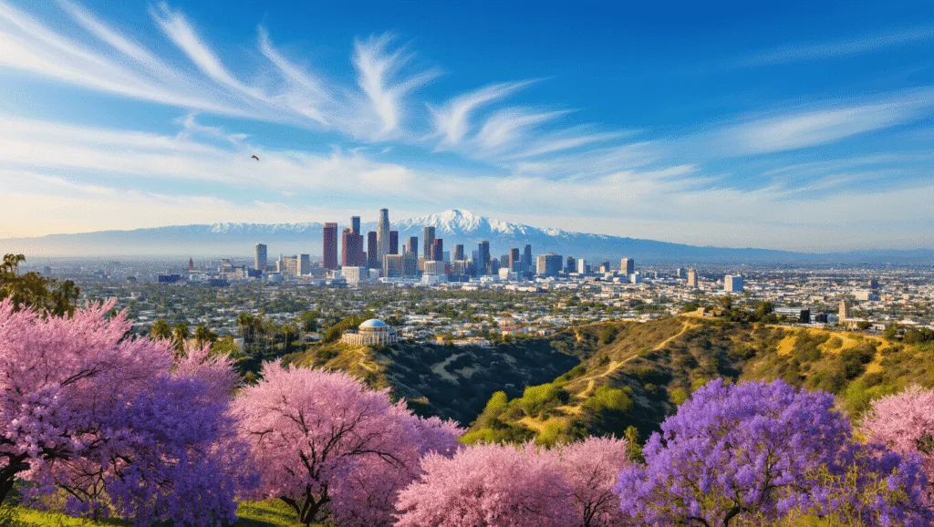 "Aerial view of Los Angeles in spring with blooming cherry blossoms and jacaranda trees, snow-capped San Gabriel Mountains, Hollywood sign, Griffith Observatory, urban elements, vibrant tulip gardens, and beachfront, under clear blue skies with optimal visibility"