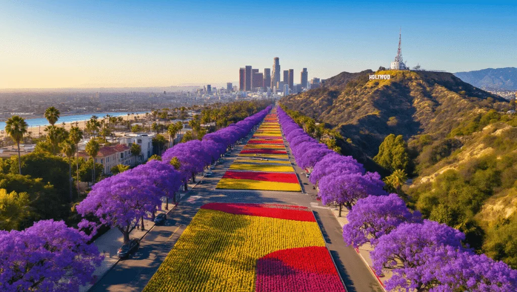 "Aerial view of Los Angeles in spring, showcasing purple jacaranda trees, Griffith Observatory, Hollywood Sign, Venice Beach Boardwalk, Descanso Gardens' tulip fields and city architecture during the golden hour"