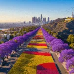 "Aerial view of Los Angeles in spring, showcasing purple jacaranda trees, Griffith Observatory, Hollywood Sign, Venice Beach Boardwalk, Descanso Gardens' tulip fields and city architecture during the golden hour"