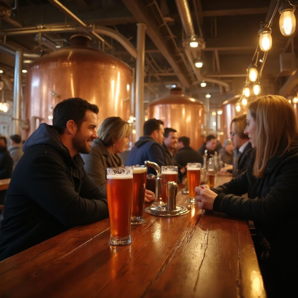 Bustling indoor scene at Lakefront Brewery in Milwaukee with warm golden lighting, people around a wooden bar with craft beer glasses, industrial interior featuring copper brewing tanks, showing authentic winter atmosphere with detailed wood and metal textures.