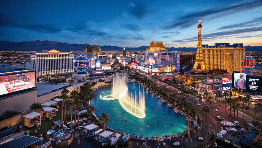 "Aerial view of Las Vegas at dusk with lit Strip, prominent landmarks, pool parties, the Red Rock Canyon backdrop, NASCAR race at Motor Speedway, digital billboards, and visitors enjoying outdoor activities"